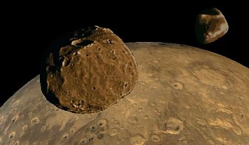 Mars med månarna Phobos och Deimos